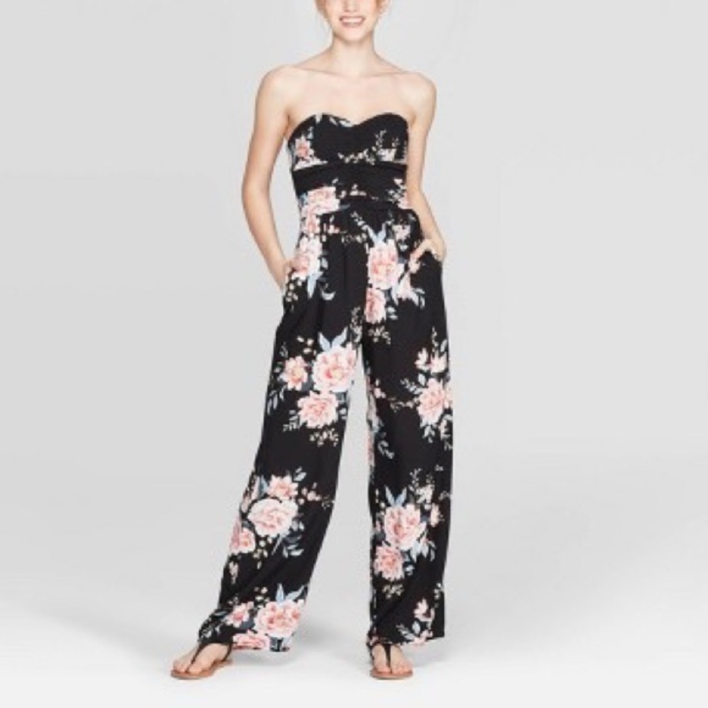 Xhilaration Black Floral Strapless Wide Leg Jumpsuit